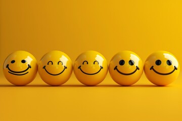 Happy golden yellow laughing smiley row, round smiling balls grin, smile or smirk, happiness, good mood and humor. Warmth feeling of teamwork, togetherness, positive atmosphere in customer interaction