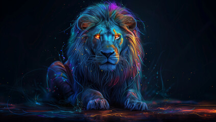 An illustrious lion's head shines amidst a backdrop illuminated by a spectrum of vibrant lights, creating a captivating and dynamic illustration.
