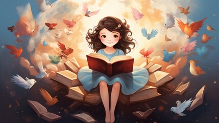 A whimsical illustration of a little reader surrounded by flying storybook characters, radiating the love for reading on World Book Day.