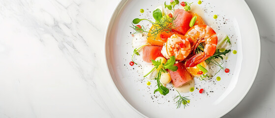 Restaurant advertising on clean background, a top view of chilled lobster and watermelon salad, minimalist style, with empty copy space