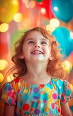 Fototapeta na wymiar A smiling and joyful baby girl at party wearing a colorful dress on a blurred background full of balloons