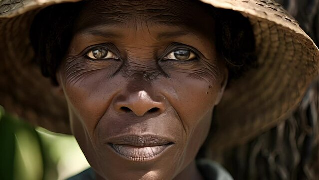 A Haitian single mother, her creased ebony face showing years of fighting climate change effects on her subsistence farming. Her embodied resilience is a testament to her belief in climate