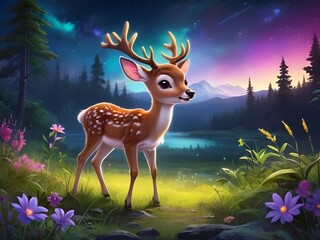 Floral Fantasy, Charming Baby Deer in a Fairy Jungle - Perfect for Kid's Room Decor, Cute beautiful baby deer in the  fairy jungle  full of wildflowers, Cute baby animals for kid's room decorations