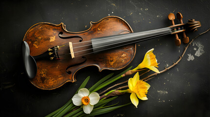 Beautiful violin with narcissus flowers on a dark background