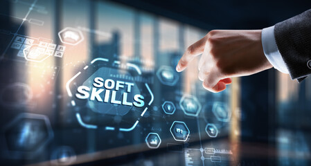 Businessman presses a button Soft Skill Business Development concept
