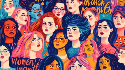 A vibrant banner with "March 1-31: Women's Month" featuring diverse women's faces in a mosaic of empowerment. 