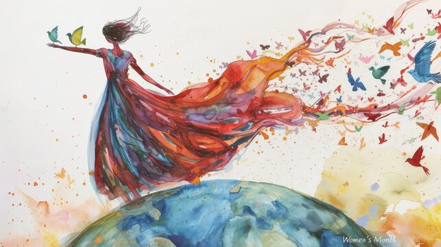 A watercolor painting of a woman in a flowing dress, standing atop the world, with "Women's Month" in fluid letters. 