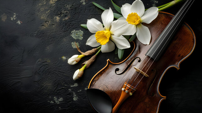 Beautiful violin with narcissus flowers on a dark background