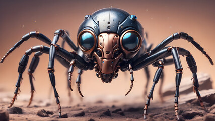 Fototapeta premium Snow-covered Christmas tree adorned with festive decorations in a peaceful forest setting, surrounded by intricate details of small insects, including ants, spiders, and beetles, creating a unique ble