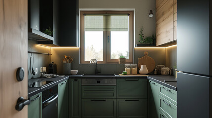 Black and green tiny compact modern kitchen, small minimalist kitchen with stylish design