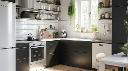 Black and white tiny compact modern kitchen, small minimalist kitchen with stylish design