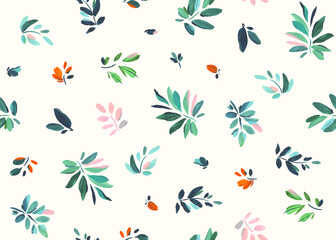 Gouache, floral seamless pattern with colorful leaves on ivory background. Illustration of abstract leaves for textile, wallpapers or decorative background.  - 728404427