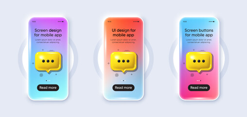 Realistic smartphone 3d mockup. Phone device template for presentation. Cellphone frame with 3d speech bubbles. Phone application with gradient screen, chat bubble. Cellphone app. Vector illustration