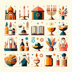 color flat design, Purim holiday, symbol set