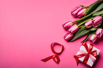 Obraz na płótnie Canvas ⦁ Evoke romantic emotions with a top-view photograph showcasing a gift box, ribbon, and a charming bouquet of tulips arranged on a delightful pink background—an ideal concept for Mother's Day 