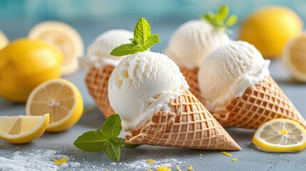 Refreshing ice cream in waffle cones with lemon flavour - obrazy, fototapety, plakaty