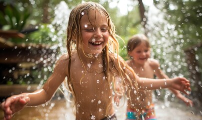 children running through a sprinkler, joy and water droplets in the air, garden backdrop - obrazy, fototapety, plakaty