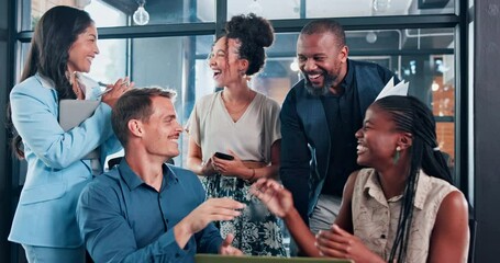 Laptop, high five and business people with applause in office for goal celebration. Corporate, success and team with hands together in support of collaboration deal, partnership or startup growth - Powered by Adobe
