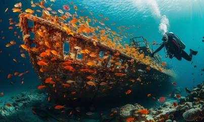 Foto op Canvas diver exploring a sunken ship surrounded by a school of tropical fish, vibrant coral in the background © khwanchai