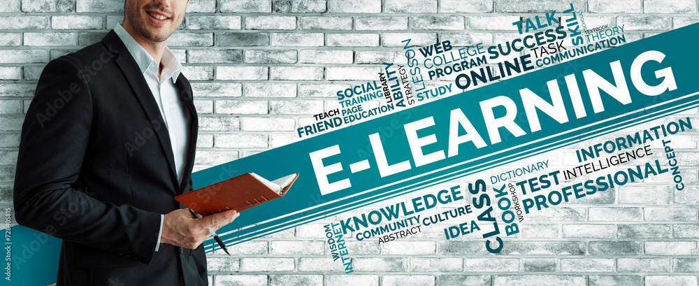 Poster e-learning and online education for student and university concept. graphic interface showing techno