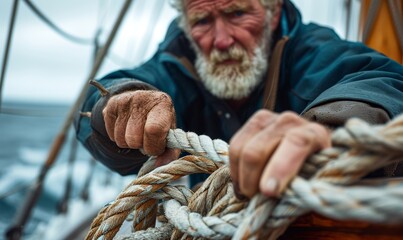 fisherman relaxed moment on a sailboat, hands coiling a rope, details of the weathered deck and the sea beyond