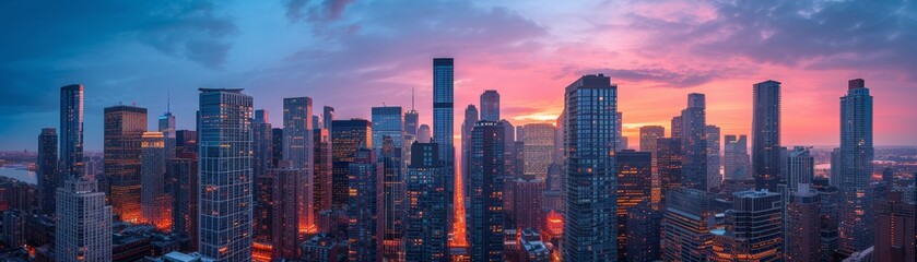 view of a city skyline from a rooftop garden, skyscrapers bathed in the soft light of a summer sunset - obrazy, fototapety, plakaty