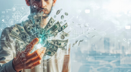 Close up of businessman holding dollar banknotes and using digital interface with hologram. - obrazy, fototapety, plakaty