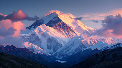 A photo of Denali National Park, with the snow-covered peak of Mount McKinley as the background, during the soft light of the midnight sun - obrazy, fototapety, plakaty