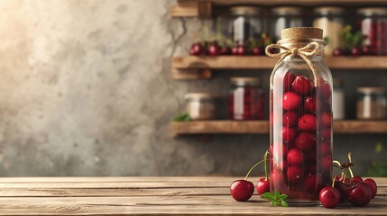 Homemade cherry preserves in a tall elegant vase on a rustic table