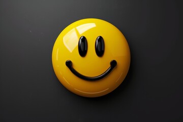 Golden smiley ball button, round yellow smile symbol, grin, smirk, and laughter, radiating good humor. Joyful happy positive vibes icon on black. Warmth childlike feelings, customer service excellence