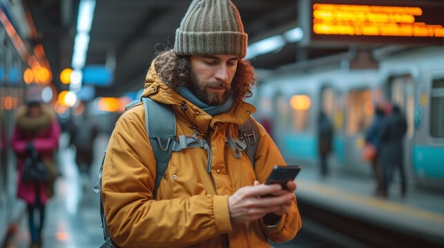 Man utilizing mobile app on his cellular device at train depot for work trip.