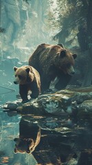 Bears are strolling on rocks in the water, showcasing their natural habitat and environment