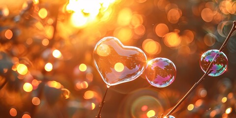 I am enamored by the sunset sky as I blow romantic soap bubbles in the park during summertime. - obrazy, fototapety, plakaty