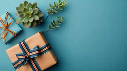 A Fathers Day gift wrapped in kraft paper with a stylish striped tie and succulents