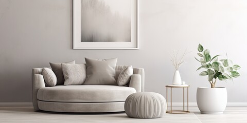 Place pouf near beige settee with pillows in white round carpeted living room with silver painting