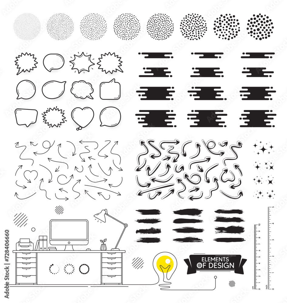 Poster set of geometric shapes. trendy graphic elements for design. arrows, stars and retro speech bubbles.