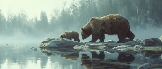 Bears are strolling on rocks in the water, showcasing their natural habitat and environment