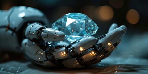 close up robot hands holding illuminated blue glowing diamond, banner, poster