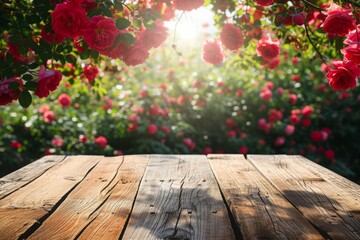 Naklejka na ściany i meble an empty boardwalk on the background of a blooming garden with red roses. display your product outdoors.