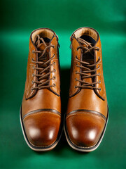 A pair of premium calfskin boots on a green background. Vertical shot.