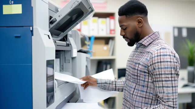 Working with a printer in the office a man copies documents in the office