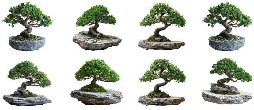 set of Bonsais isolated on transparent png background