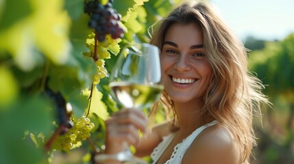 Beaming lady with pearly teeth savoring a glass of pale vino during a vineyard getaway in the warm season of Italy and France, making a toast with her raised glass and room for text display.