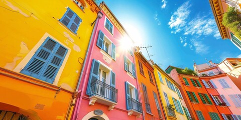 Fototapeta na wymiar Vibrant, sunlit, historic buildings in the charming Old Town of Nice on the French Riviera.