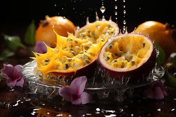 passion fruit slices with knife and water drops and splashes on black background