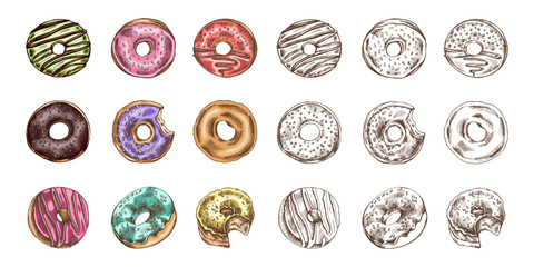 A hand-drawn colored and monochrome sketches of donuts. Vintage illustration. Pastry sweets, dessert. Element for the design of labels, packaging and postcards.