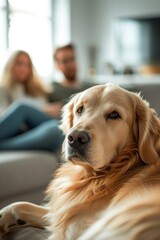 A Relaxed Dog Poses on the Sofa, Surrounded by Its Human Family, All Eyes on the Lens