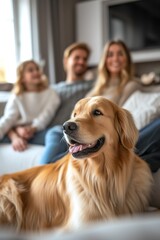 A Cozy Snapshot of a Dog Seated on the Sofa, Gazing at the Camera, Family in the Background