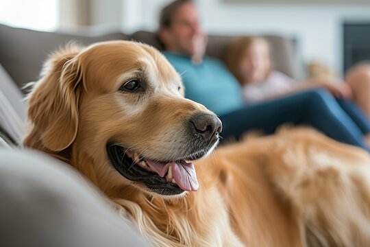 A Dog's Contented Pose on the Sofa, Capturing the Essence of Family Harmony in the Background