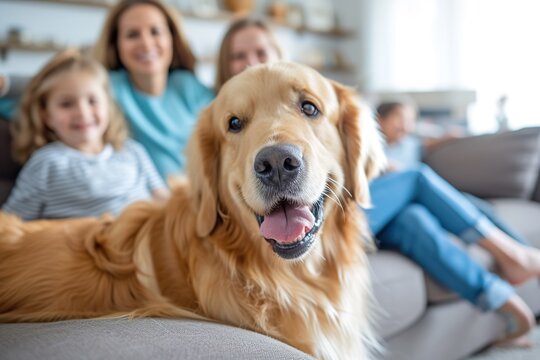 Capturing a Canine Member Sitting on the Couch, Focused on the Camera, with the Rest of the Family in the Background